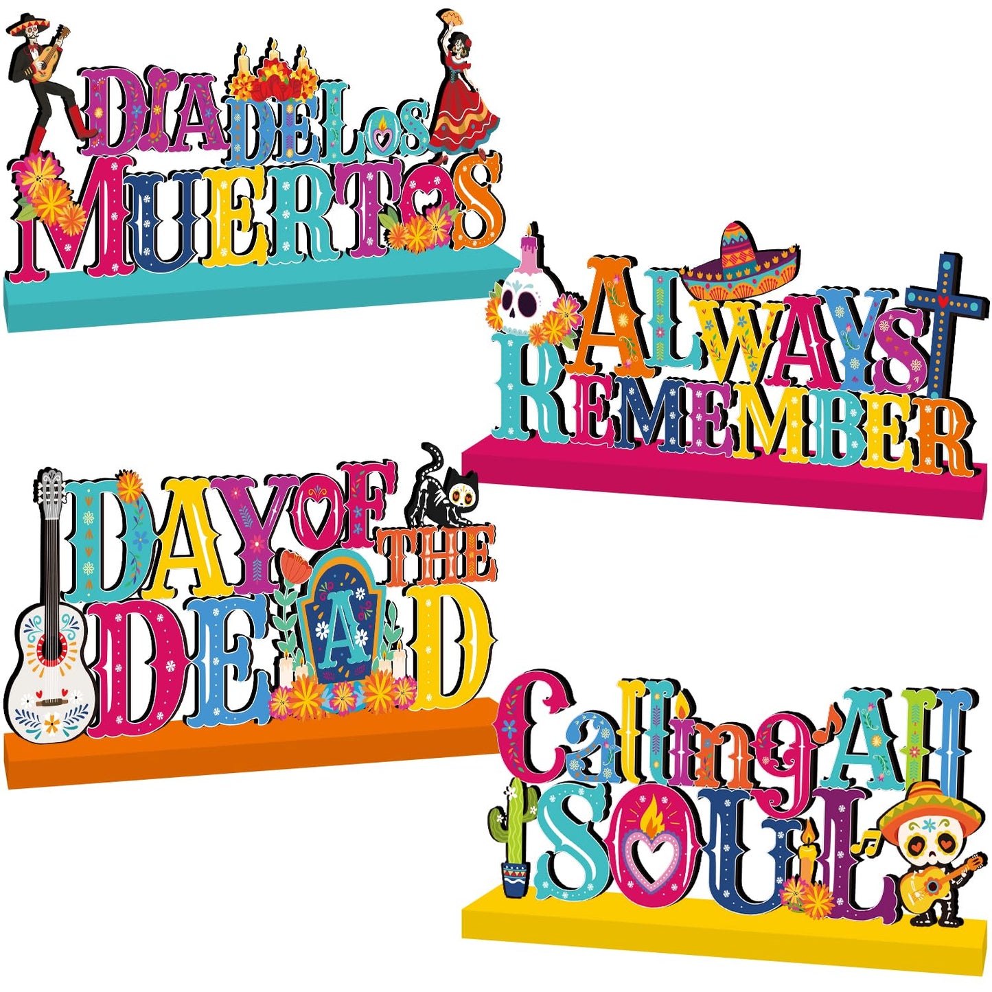 4Pcs Dia De Los Muertos Decorations Wooden Table Centerpieces Day of The Dead Decorations Mexican Table Decor Dia De Los Muertos Table Topper Sign for Halloween Mexican Carnival Party Decor