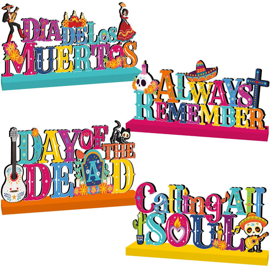 4Pcs Dia De Los Muertos Decorations Wooden Table Centerpieces Day of The Dead Decorations Mexican Table Decor Dia De Los Muertos Table Topper Sign for Halloween Mexican Carnival Party Decor