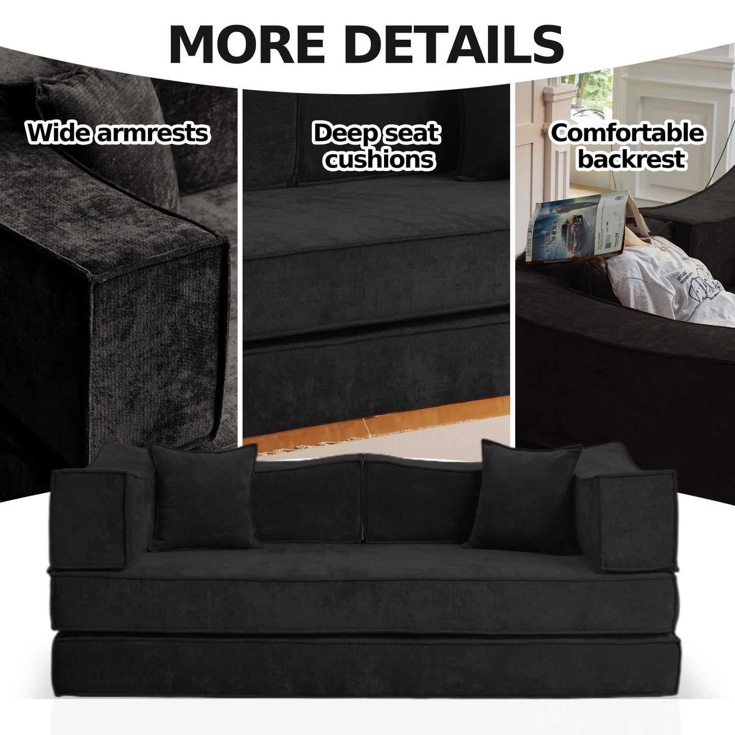 78.8''Convertible Floor Sofa Bed Combination Modular Boneless Couch Compression Sofa Couch Foldable Lazy cama for LivingRoom，Bedroom（Black）