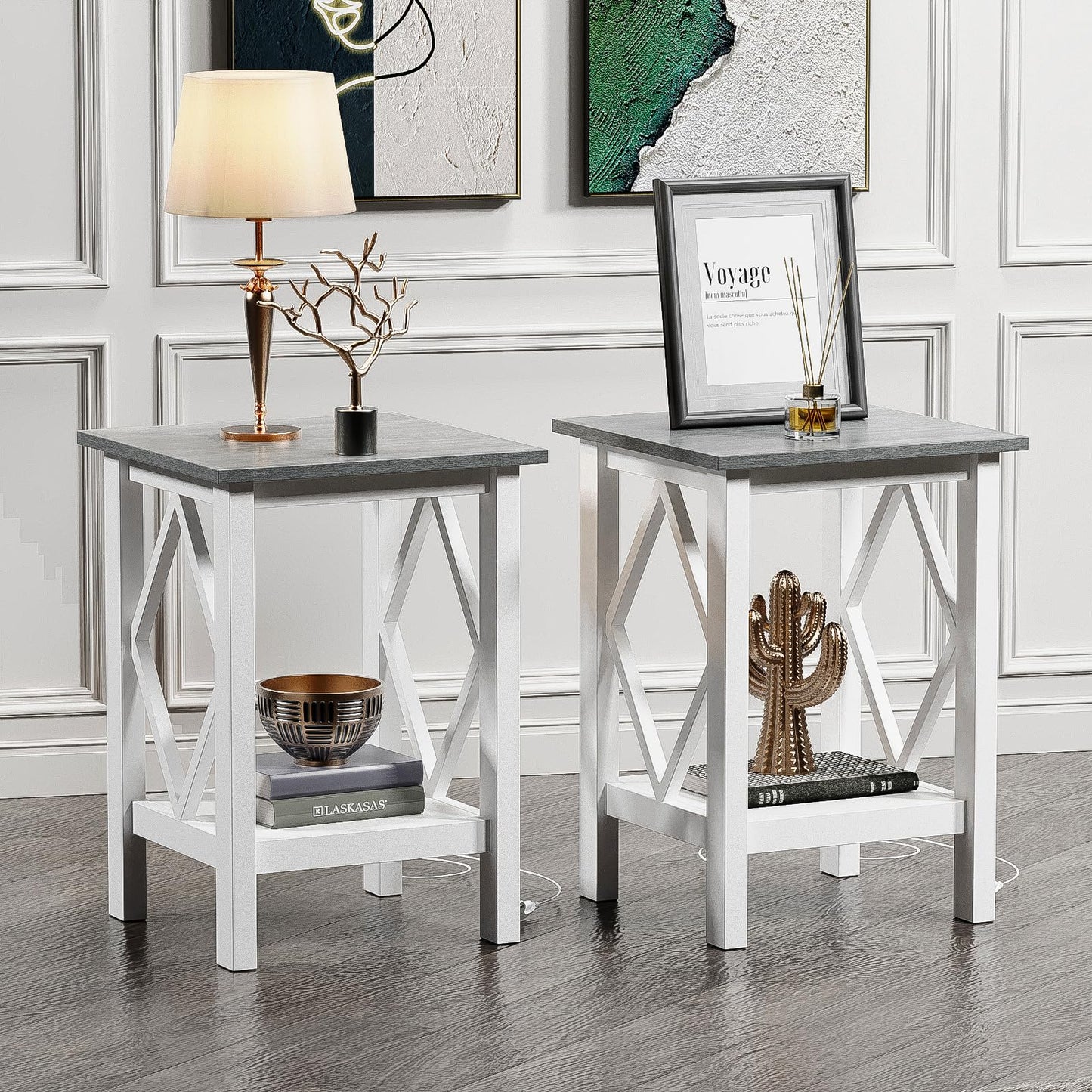 3imothrix Farmhouse End Table Set of 2, Small Side Table with Charging Station, Nightstand Bedside Table with Storage Shelf, USB Ports and Outlets for Small Space Living Room Bedroom