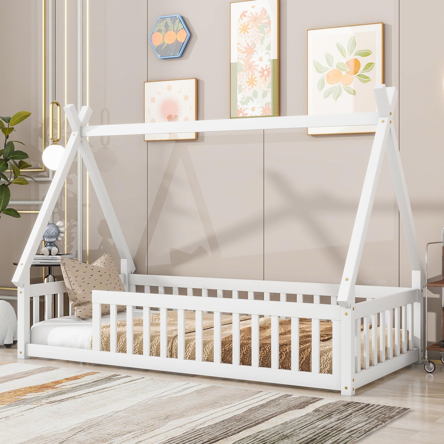 Wekuku Twin Tent Shaped Floor Bed for Kids – Teepee with Guardrails Slats, White Wooden Playhouse Bed for Bedroom, Montessori Inspired Design