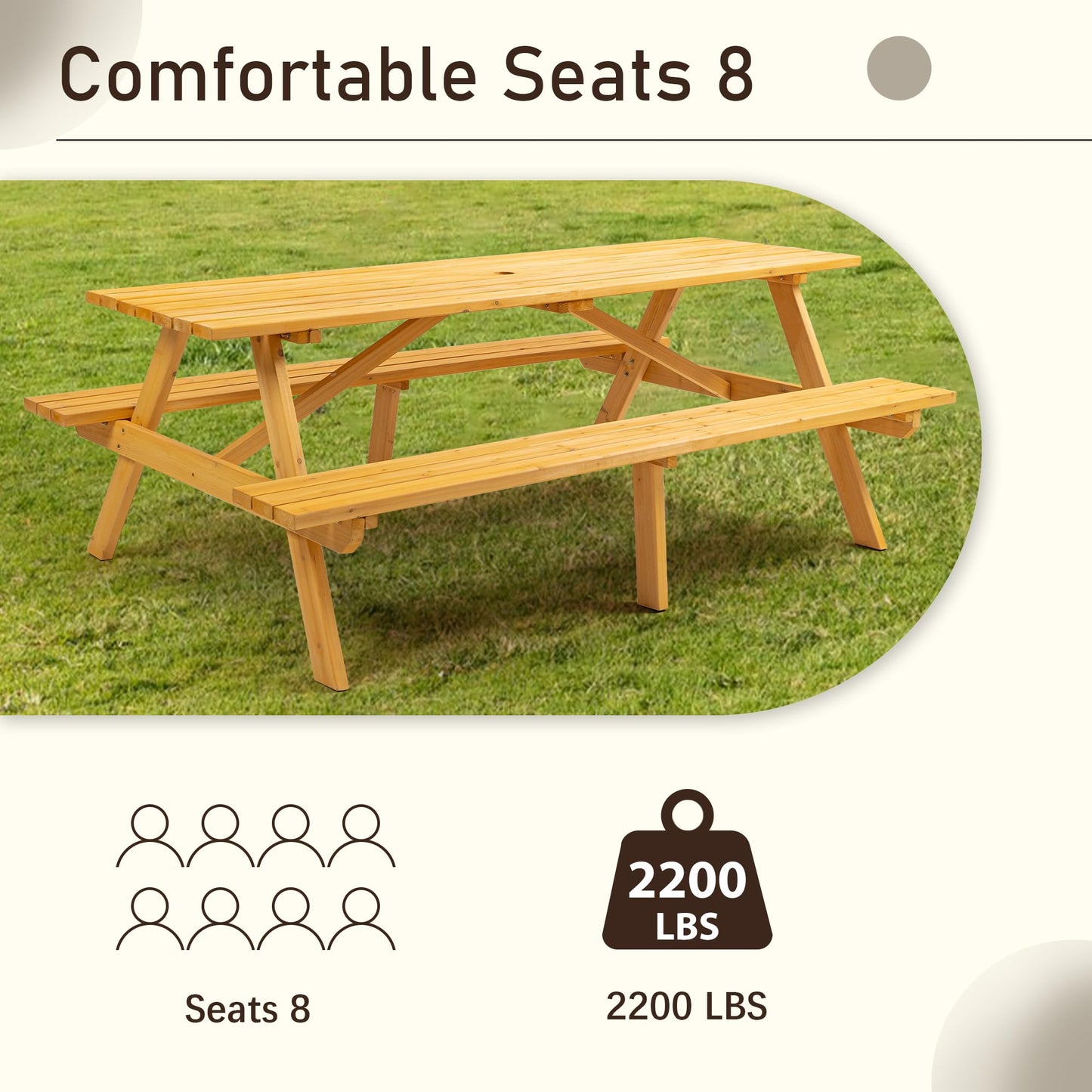 Voryvans Picnic Table with Bench for 8 Person Outdoor Wooden Rectangle Table for Patio Garden Backyard Large Outside Dining Table Set with Umbrella Hole 6.25FT Natural