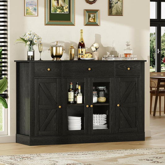 4 EVER WINNER Black Buffet Cabinet with Storage, 55" Coffee Bar Cainets with 3 Drawers and Glass Doors, Sideboard Buffet Cabinet for Kitchen, Living Room