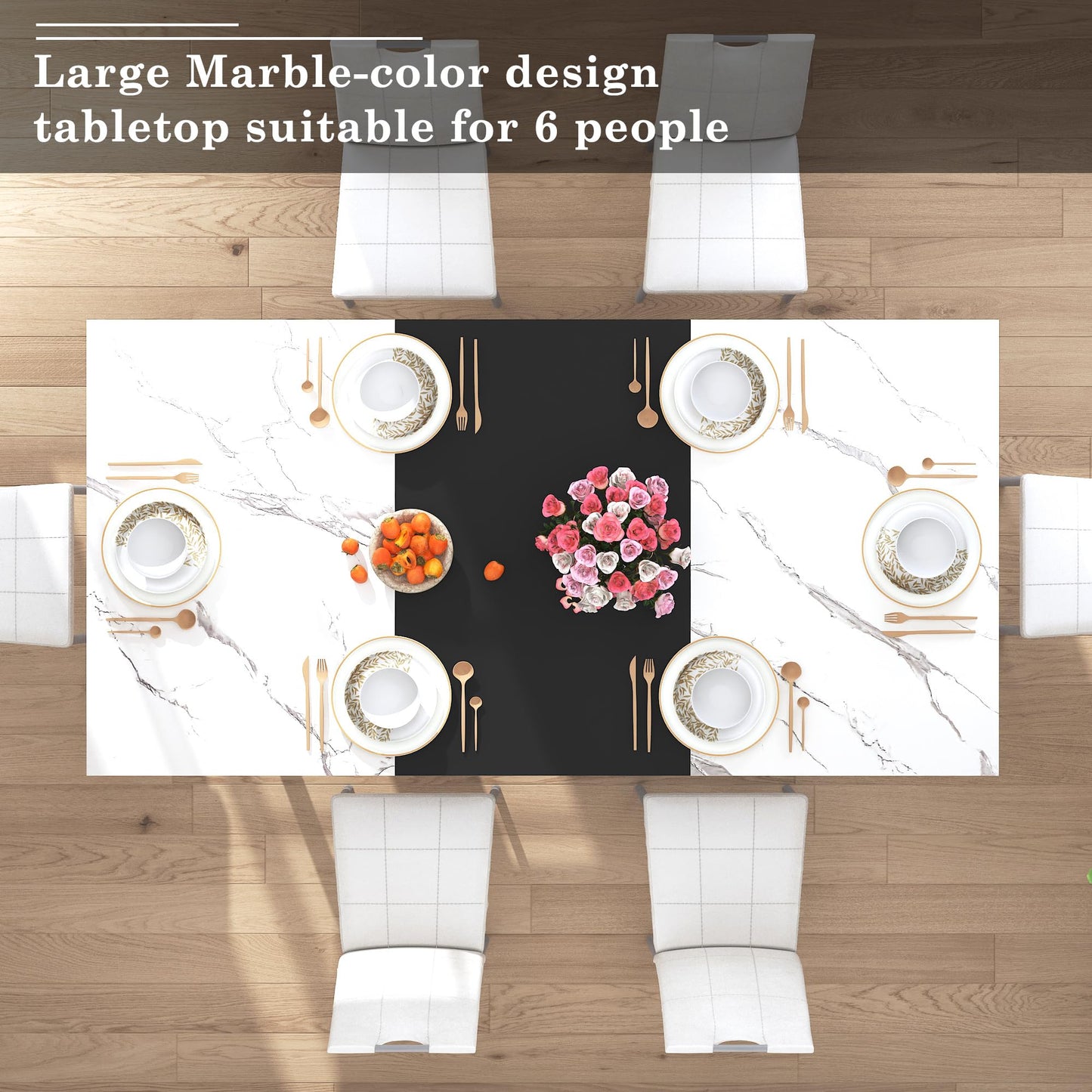 7PCS Dining Table Set for 4 5 6 People, 71" Large Long Wooden Kitchen Table with 6 Chairs (White+Black, 71IN Table+6 PCS Chairs)