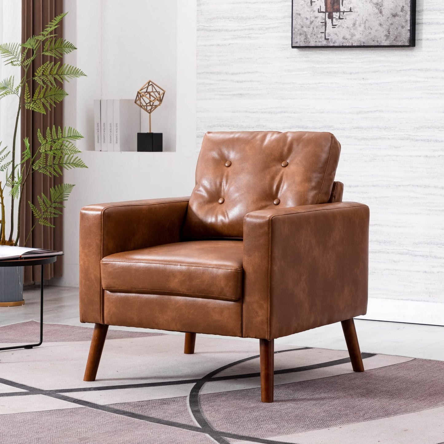 Wahson Accent Chairs Set of 2, Faux Leather Tufted Single Sofa, Brown Oversized Club Chair, Mid Century Modern Armchair with Wood Legs for Reading/Living Room/Bedroom