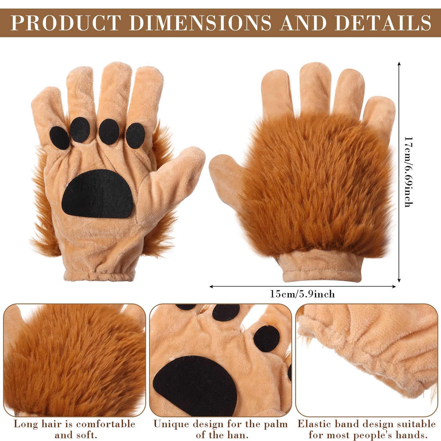 5 Pcs Lion Costume Set Animal Ears Headband Paw Gloves Bow Tie and Tail for Kids Adult Halloween Costume Dress up Party