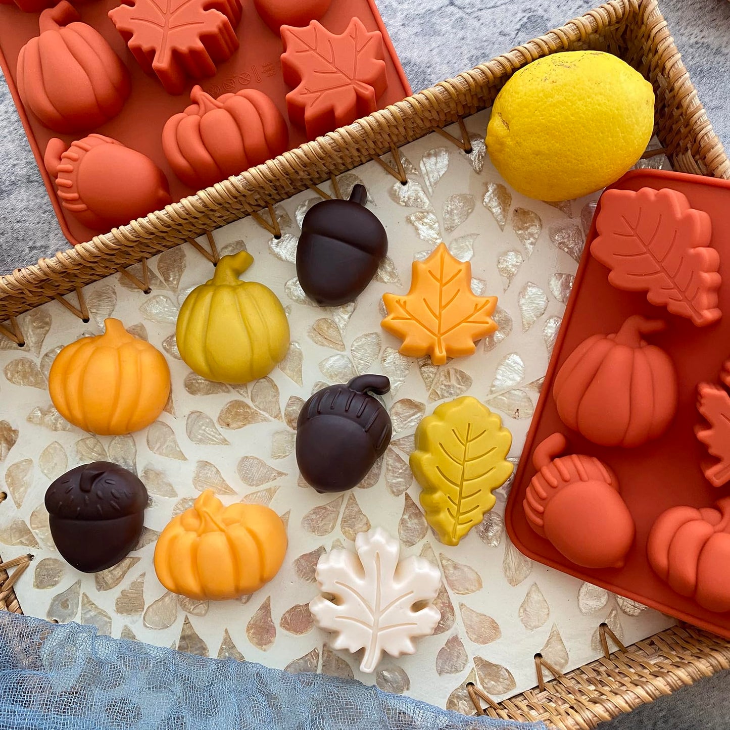 3D Pumpkin Silicone Mold 2PCS Fall Silicone Mold Thanksgiving Candy Mold Autumn Maple Leaf Acorn shape Chocolate Mold Soap Candy Cake Pan Baking Molds for Cake Cupcake Decoration (Orange)