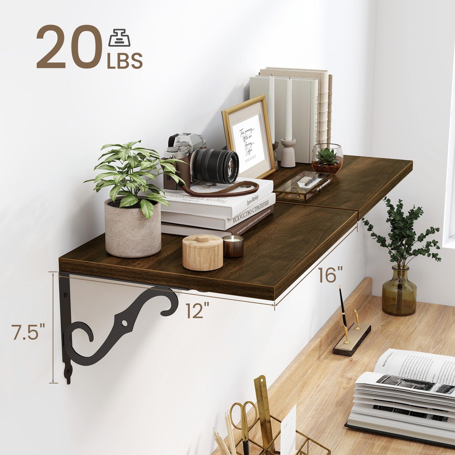 16 Inch Deep Floating Shelves for Wall, 12 Inch Deep Floating Shelf with Bracket, Wall Shelves 16 Inches Long, Wide Display & Storage Shelves for Living Room, Bathroom, Bedroom, Walnut, Set of 2
