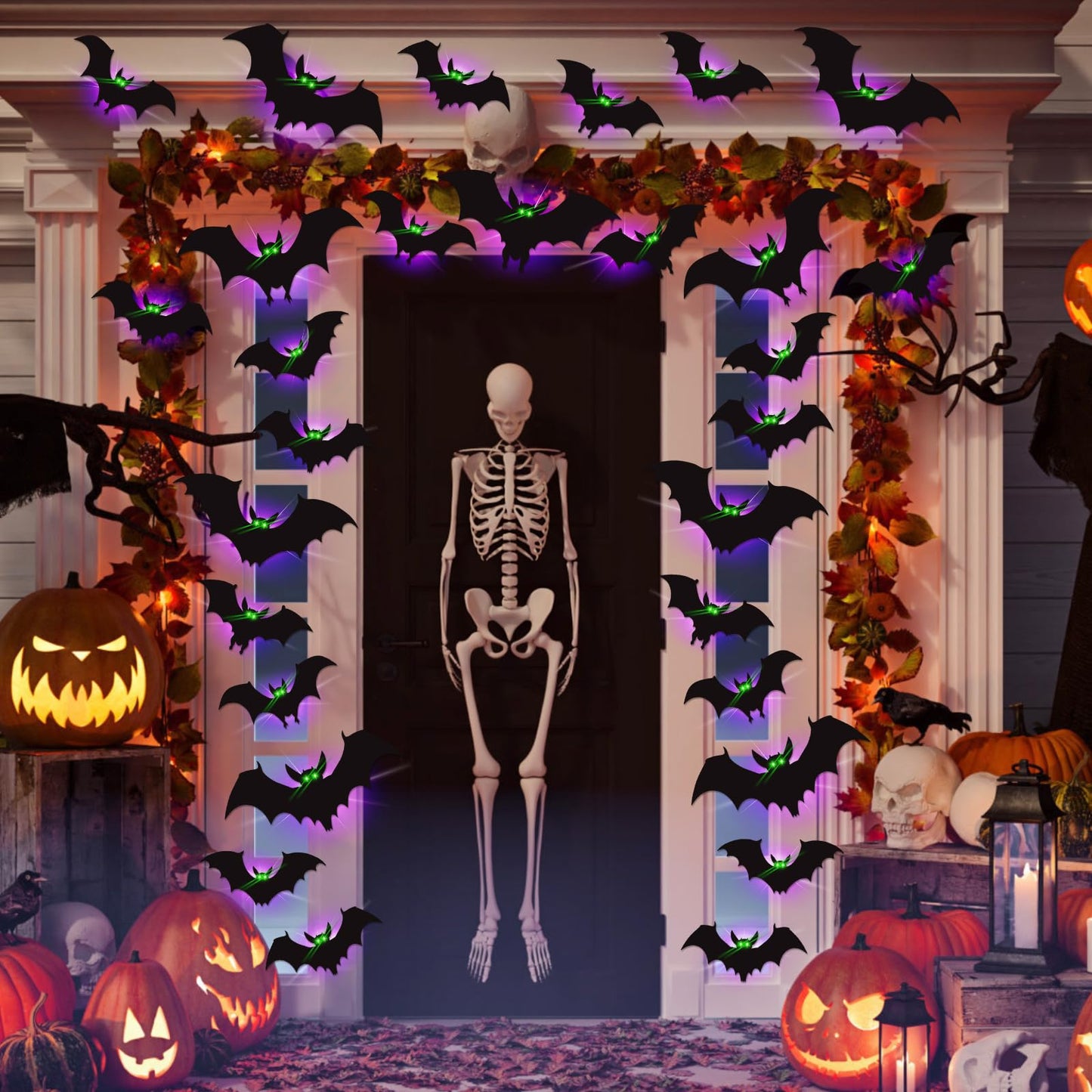 24 Pack Halloween Bats Decorations Wall Stickers with Glow in Dark Eye, 4 Different Style Removable PVC Wall Bats Sticker for Indoor Outdoor Home Window Garage Decor Party Supplies