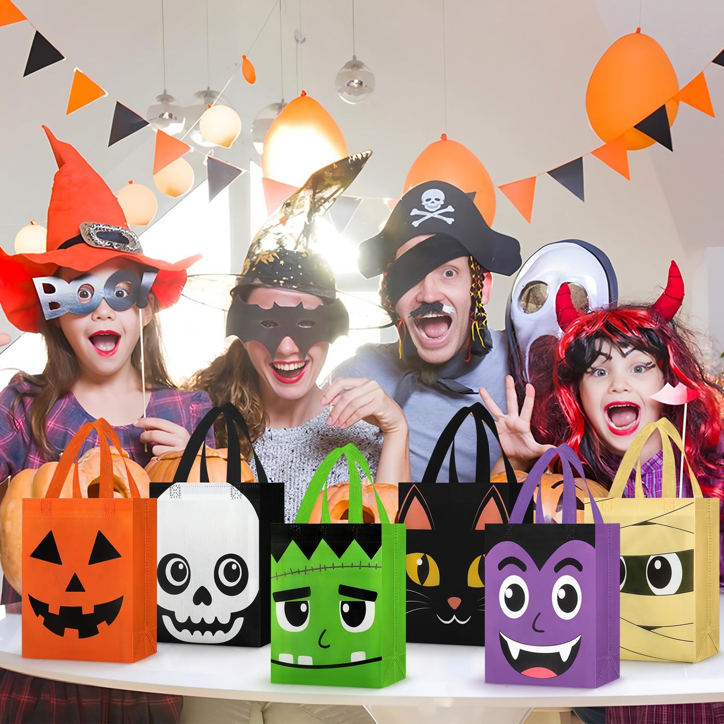12 PCS Halloween Trick or Treat Bags 10.2 x 8.26 Inch Non-Woven Candy Tote Bag with Handles Reusable Pumpkin Ghost Cat Mummy Zombie Candy Goodie Bags Halloween Party Gift Bag for Halloweens Party Supplies
