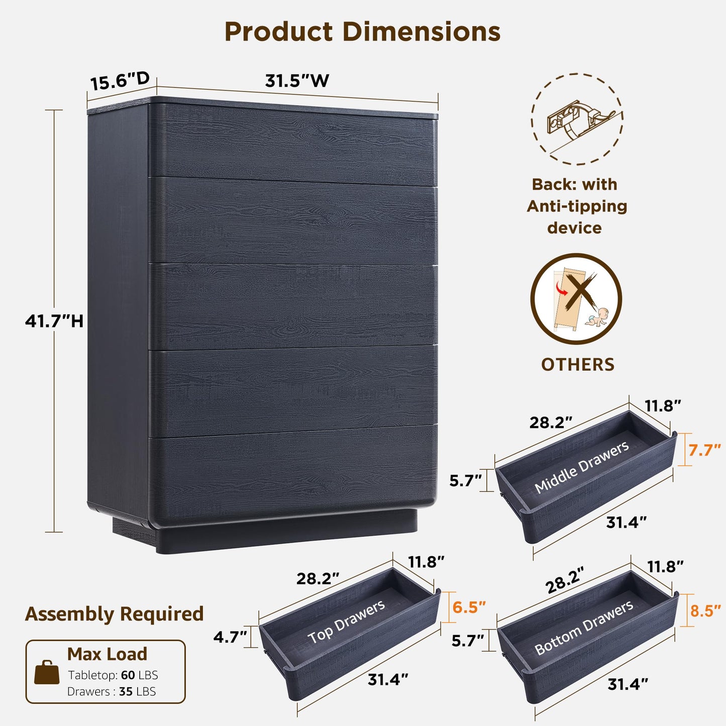 ACCOHOHO Modern 5 Drawer Dresser Chests for Bedroom, Farmhouse 42" Tall Chest of Drawers with Large Drawers, Natural Texture, Curved Angle for Room, Hallway and Entryway, Black