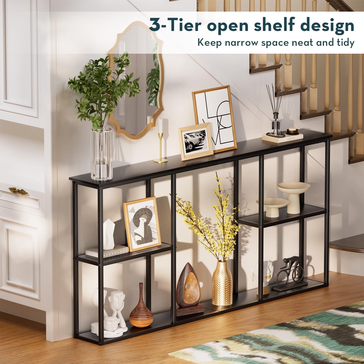 WOHOMO Black Console Table,3-Tire Small Entryway Table,Long Sofa Table for Hallway,Living Room(63 inch)