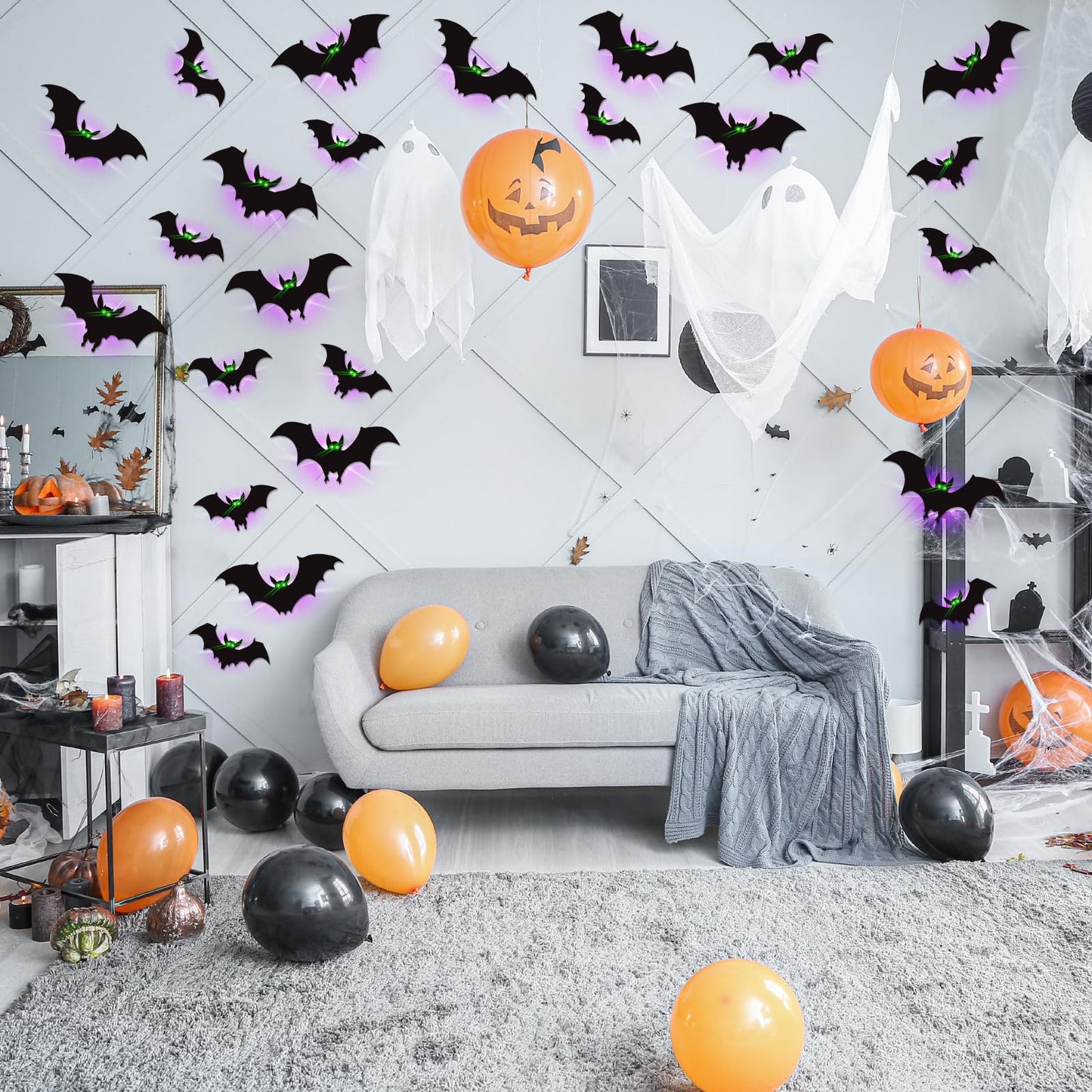 24 Pack Halloween Bats Decorations Wall Stickers with Glow in Dark Eye, 4 Different Style Removable PVC Wall Bats Sticker for Indoor Outdoor Home Window Garage Decor Party Supplies
