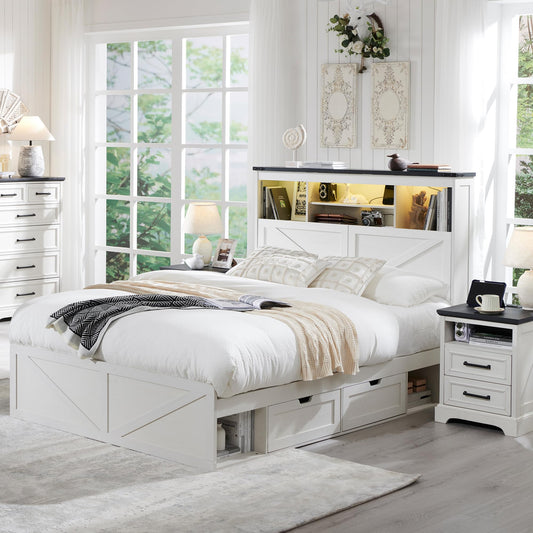 ACCOHOHO Farmhouse Queen Size Wood Bed Frame with 52" Tall Storage Headboard and 4 Drawers,LED Light,Charging Station,Solid Wood Slats Support,Noiseless,No Box Spring Needed,Antique White