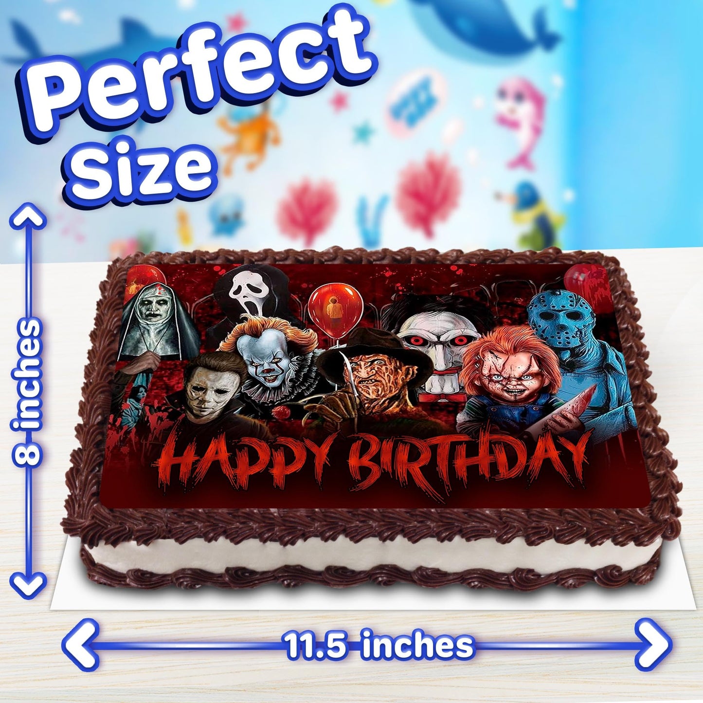 8.3 x 11.7 Inch Edible Square Cake Toppers – Horror Themed Birthday Party Collection of Edible Cake Decorations