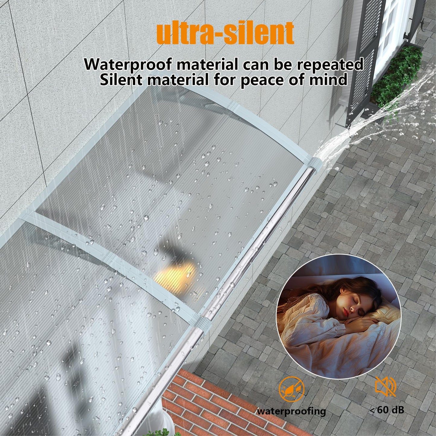 Window Awning Door Canopy 32"x80", Awnings for Doors Polycarbonate Cover Patio Door Awning UV Rain Snow Sunlight Protection Hollow Sheet with Separate Drainage Sink, Gray Bracket & Transparent Board