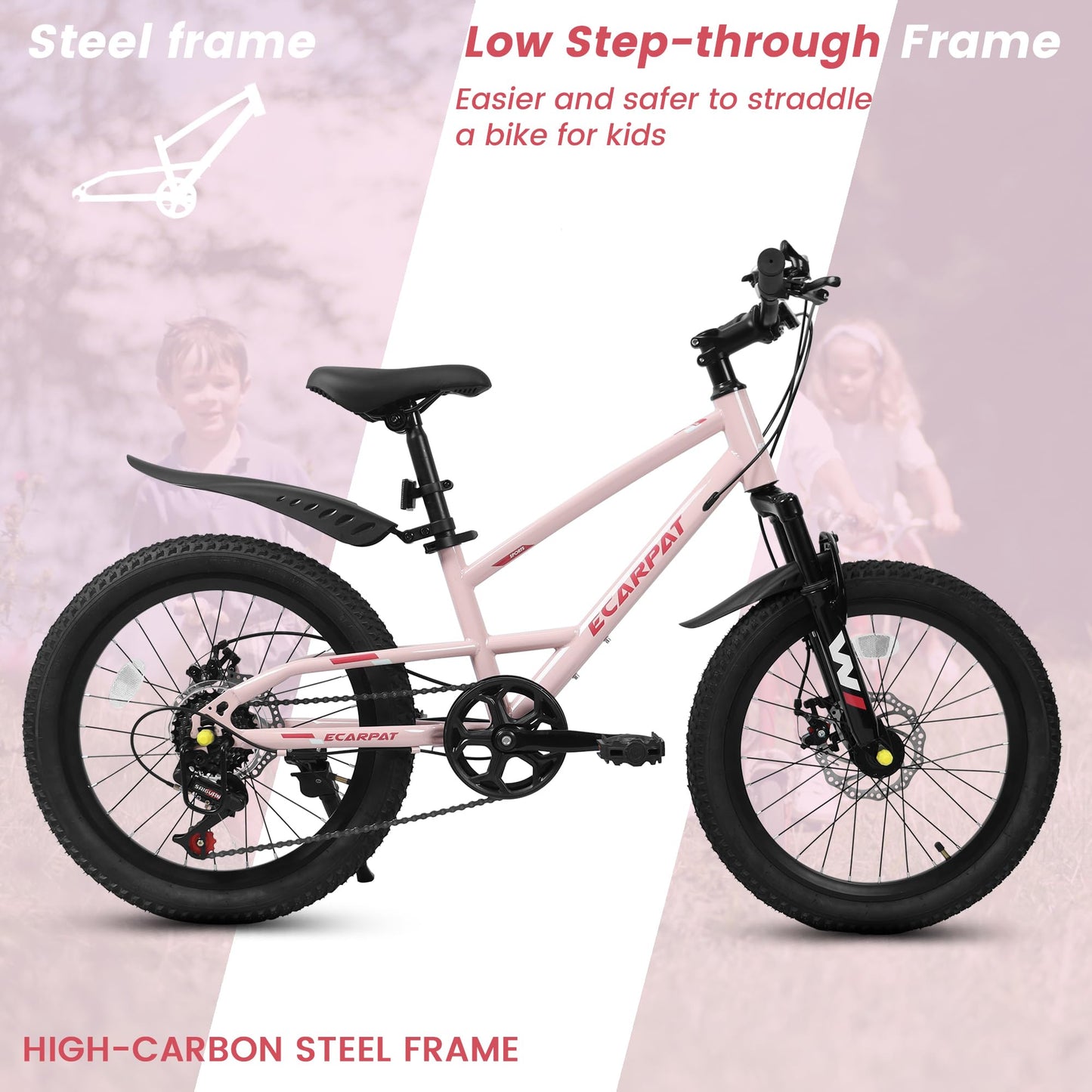 20 Inch Kids Mountain Bike for Boys Girls, 7-Speed Children Mountain Bike with Front Suspension, Dual Disc Brakes and Fender, Steel Frame Kids Bicycle for Ages 6-12 Years Old Birthday Gift, Pink