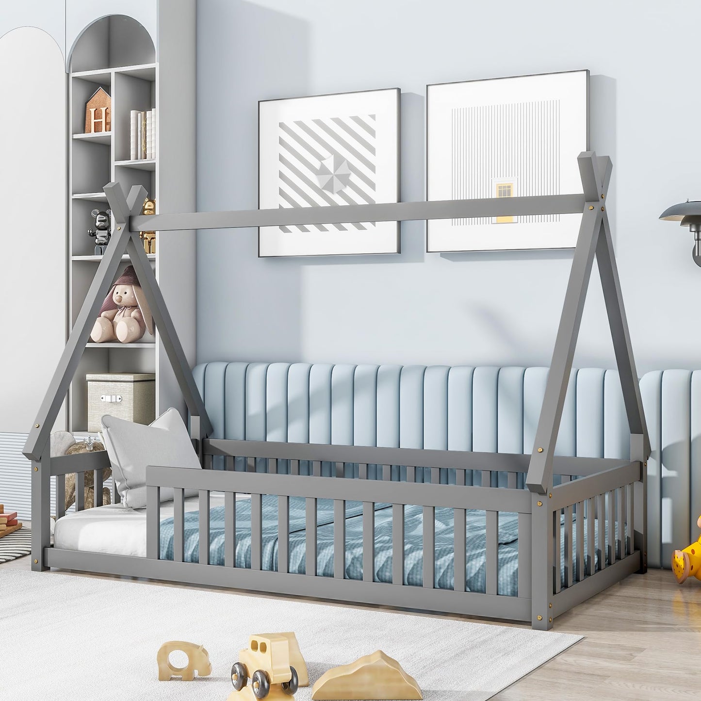 Wekuku Twin Tent Shaped Floor Bed for Kids – Teepee with Guardrails Slats, Grey – Low Profile Bed Frame for Bedroom, Playroom, Nursery