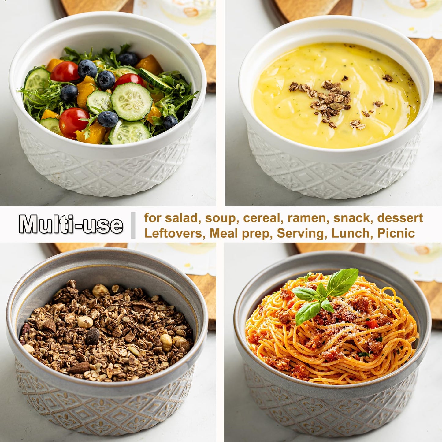 40 Oz Ceramic Airtight Bowls Set of 4 - Large Cereal Bowls with Lids for Salad, Pho, Soup, Pasta, Dessert, Serving, Oatmeal, Nut, Baking Dishes, Dishwasher & Microwave Safe, Beige