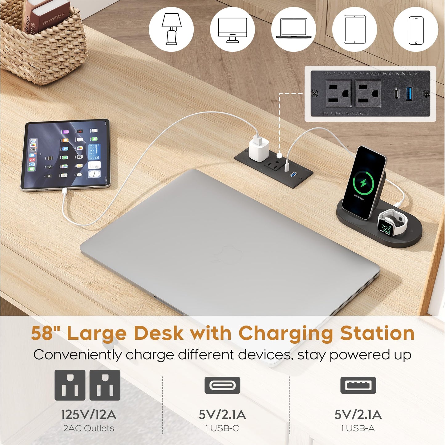 Yechen 58'' Wood Executive Desk with 7 Drawers - Modern Natural Rattan Home Office Desks with Charging Station, Large Long Computer Desk with Storage, Boho Writing Table for Work, Study, Natural Oak