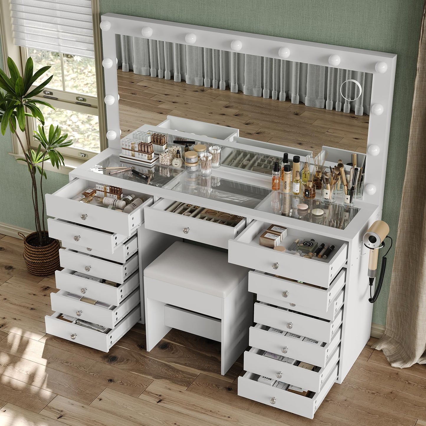 Yanosaku 55" W Vanity Desk, Makeup Vanity with Charging Station, 15 Drawers with Lighted Mirror, 3 Lighting Modes, Brightness Adjustable, Glass Top, Vanity Table with Chair for Bedroom, White