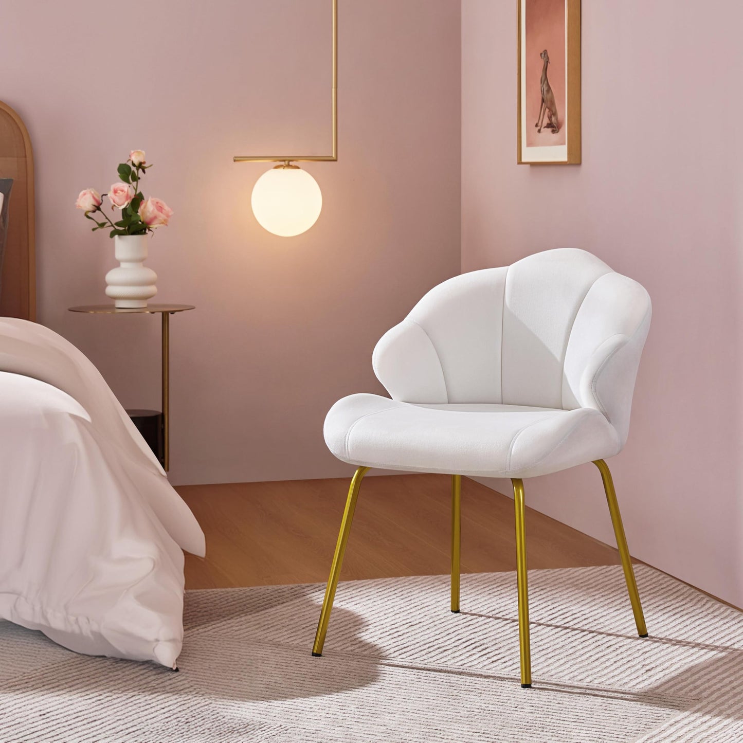 Yaheetech Vanity Chair, Velvet Accent Chair with Shell-Shaped Backrest, Modern Armchair with Gold Metal Legs for Dressing Room/Bedroom/Living Room, White