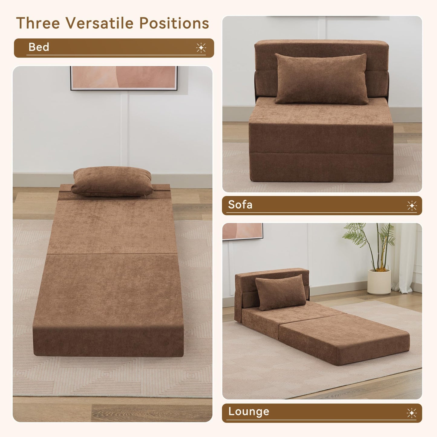 WUTUTUEE Folding Sofa Bed Convertible Floor Couch Foldable Chair Bed with Pillow, Linen Sleeper Chair Futon, Foldable Memory Foam Mattress for Bedroom/Living Room/Dorm/Office (Brown, Single)