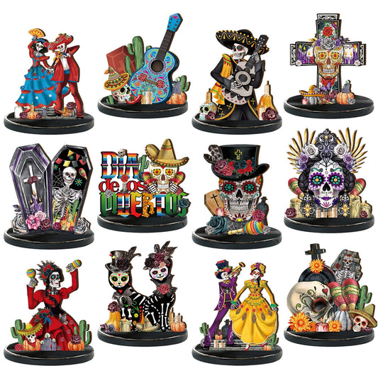 Wesiti 12 Pcs Day of The Dead Table Decorations Wooden Mexican Dia De Los Muertos Altar Centerpiece Halloween Sugar Skull Table Topper Decor Skeleton for Mexican Fiesta Tiered Tray Decor Party Favor