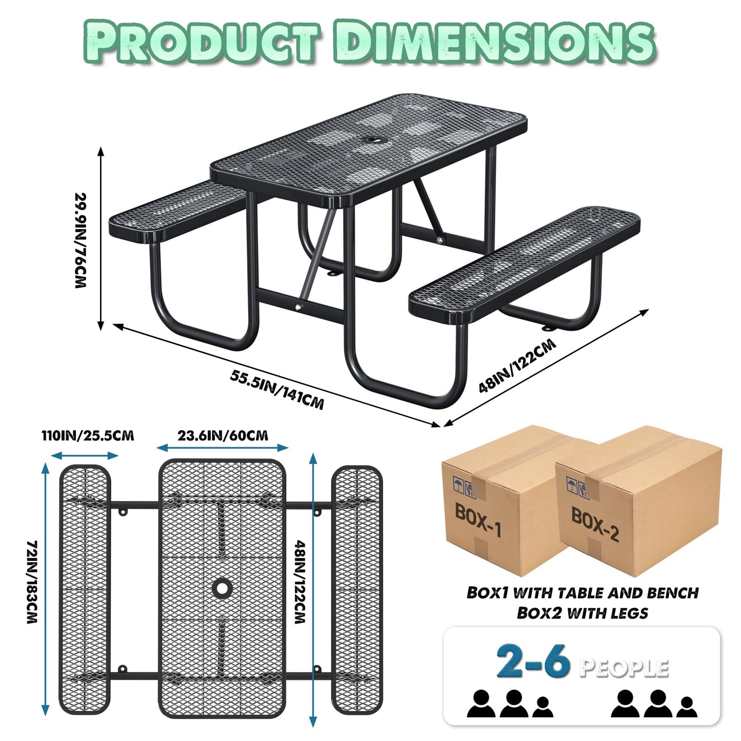 4FT Rectangular Outdoor Picnic Table and 2 Benches Set with Umbrella Hole, Metal Expanded Commercial Steel Heavy Duty Sturdy Picnic Tables Furniture Set for Yard Patio Lawn Party Coffee, Black