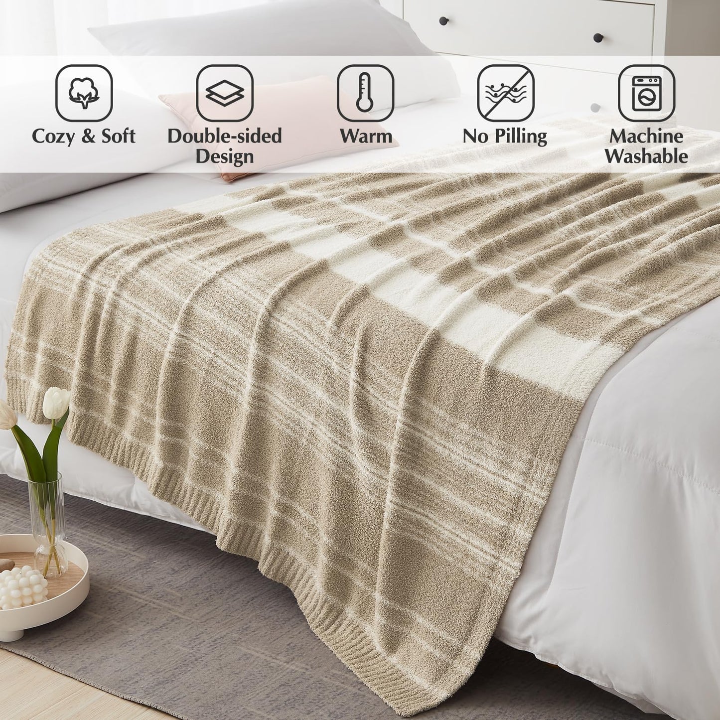 WRENGONGE Khaki Throw Blanket, 60x80 Soft Cozy Striped Throw Blankets for Couch, Sofa, Bed, Travel, Lightweight Fluffy Warm Plush Decorative Blankets for Women, Men,Kids Gift