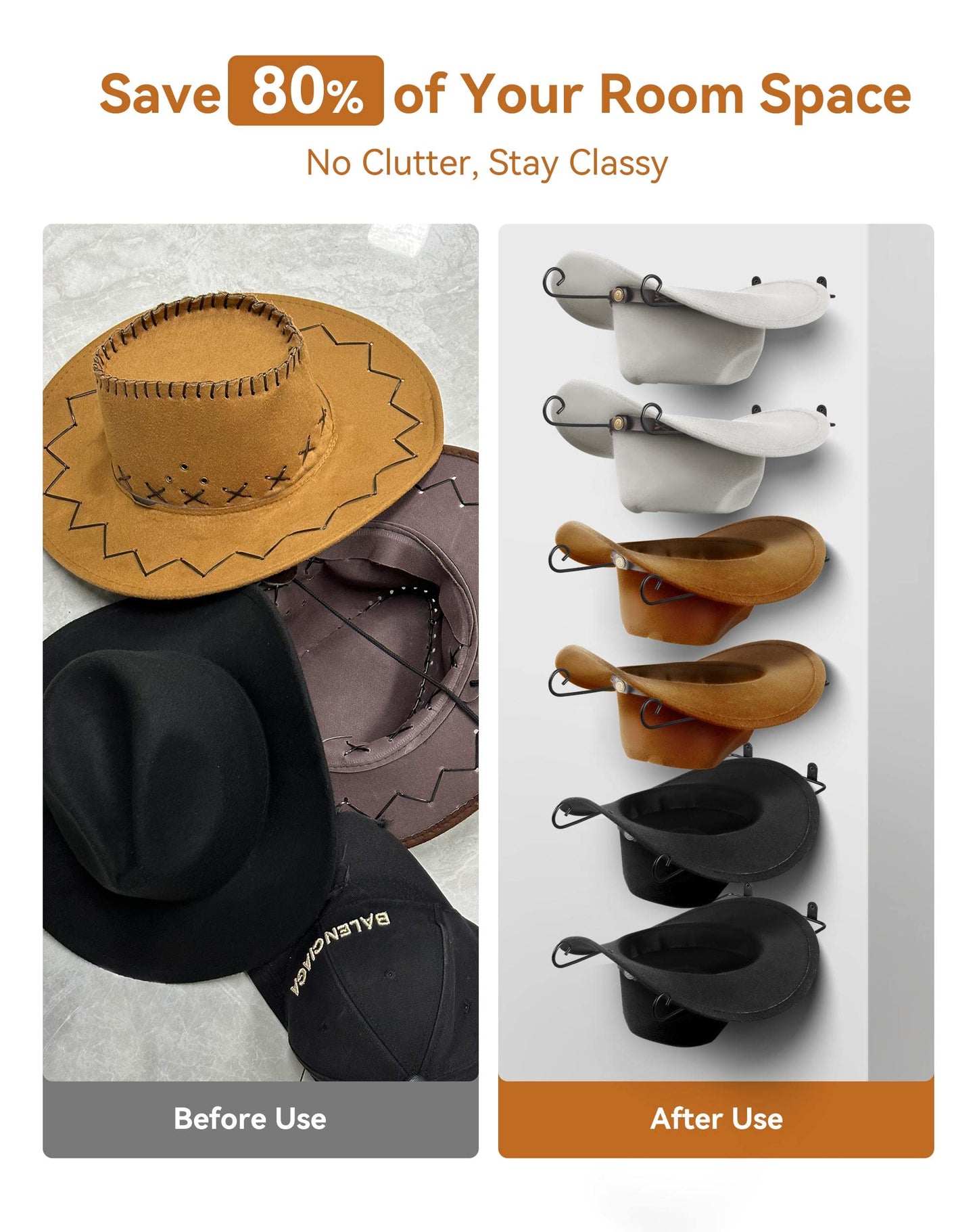 WNXSLOAD Cowboy Hat Rack 6 Pieces, DIY Cowboy Hat Holder for Wall, Hat Rack for Cowboy Hats, Cowboy Hat Hanger Keeps Original Shape of Hat, Cowboy Hat Rack Wall Mount, Adjustable to Install