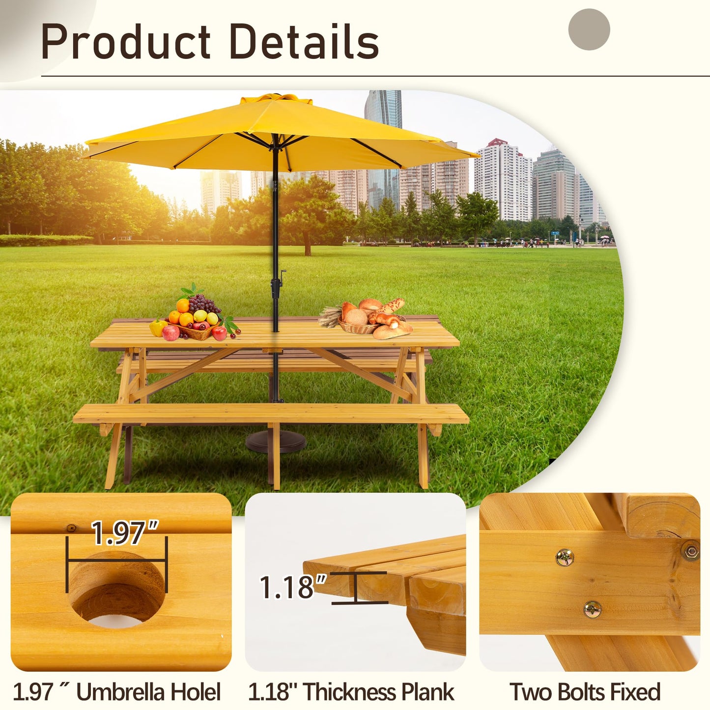 Voryvans Picnic Table with Bench for 8 Person Outdoor Wooden Rectangle Table for Patio Garden Backyard Large Outside Dining Table Set with Umbrella Hole 6.25FT Natural