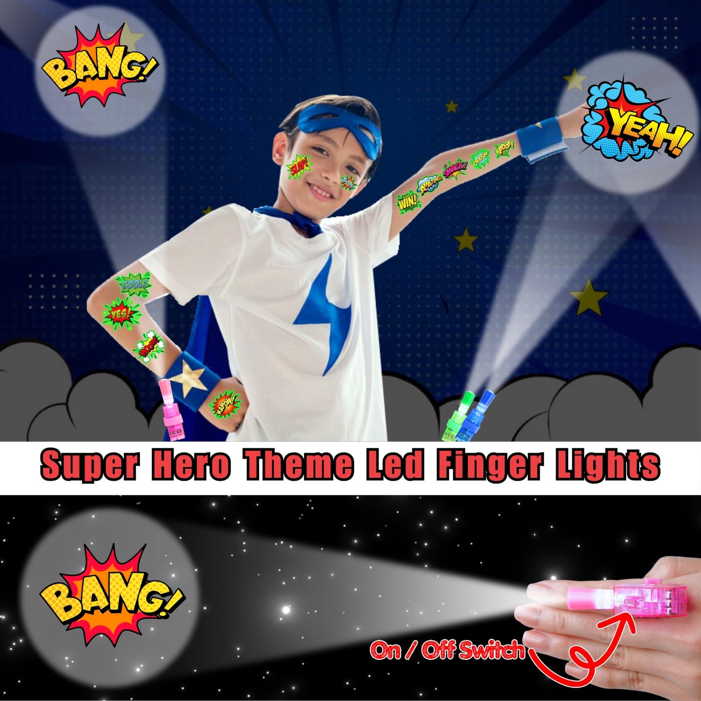 72 PCS Superhero Party Favors – 48 PCS Tattoos & 24 PCS LED Finger Lights Combo – Birthday Goodie Bag Fillers, Party Supplies, Gifts Light Up Toys Glow In The Dark for Boys and Girls