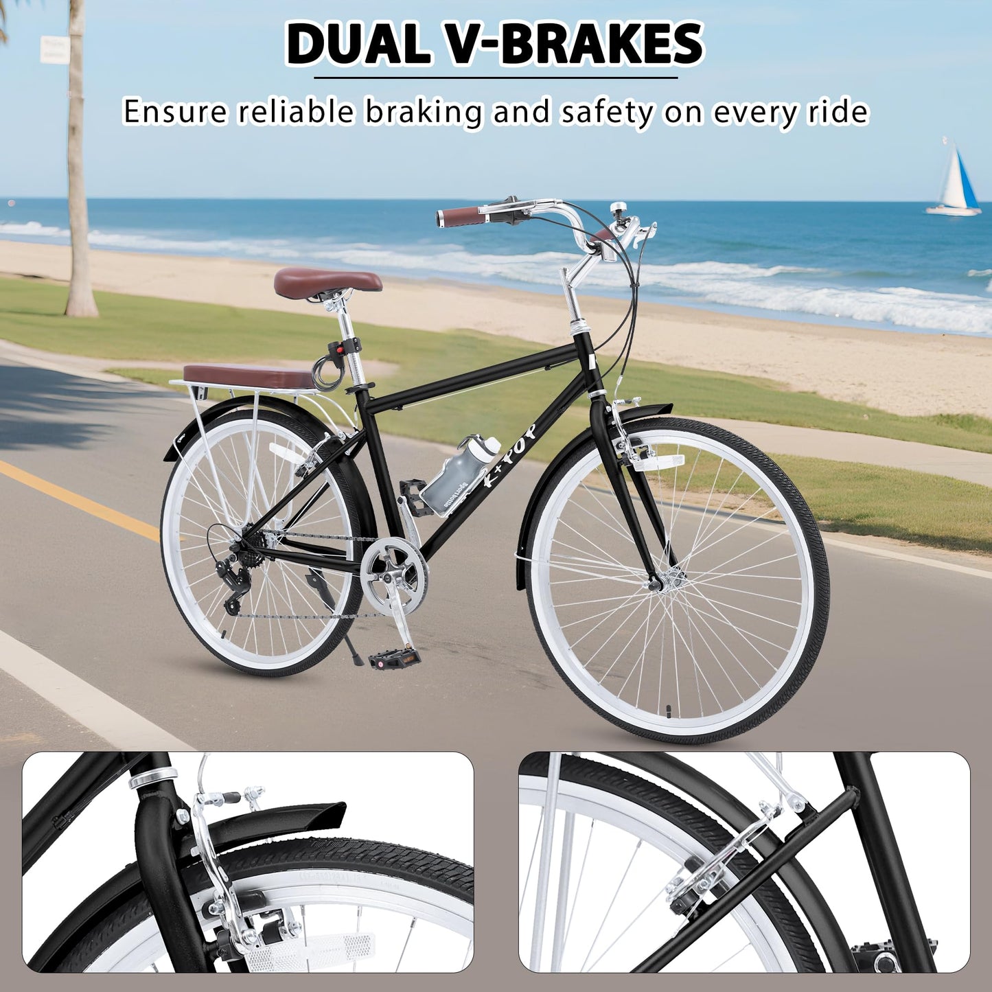 26 Inch Beach Cruiser Bike Mens Bicycle, 7-Speed Adult Bikes for Men, City Complete Cruiser Bikes with Water Cup, Adult Bicycles with Dual V-Brake (Black)