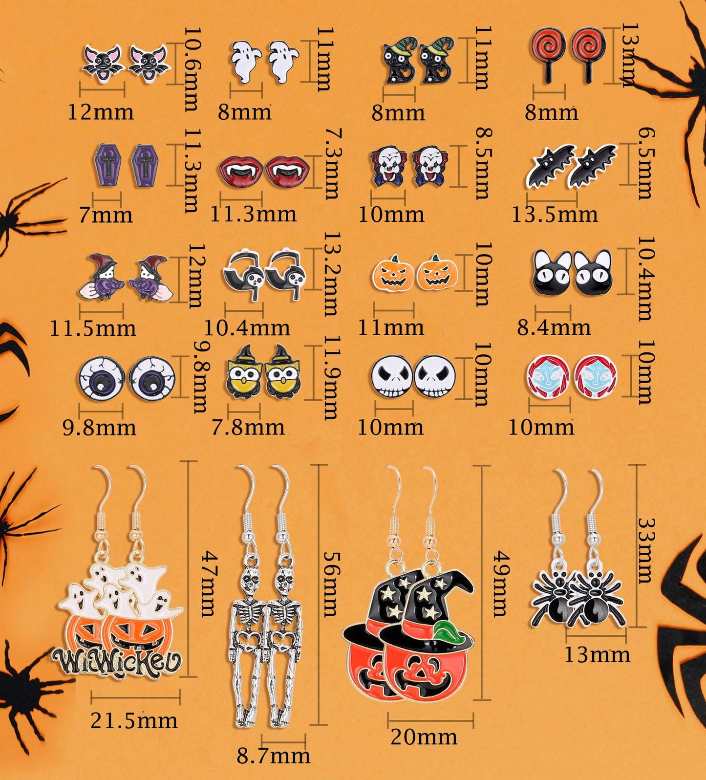 20 Pairs Halloween Earrings for Women, Pumpkin Spider Spooky Skull Skeleton Dangle Earrings for Women Girls，Witchy Bat Cat Eyeballs Candy Stud Earrings Set Scary Halloween Accessories