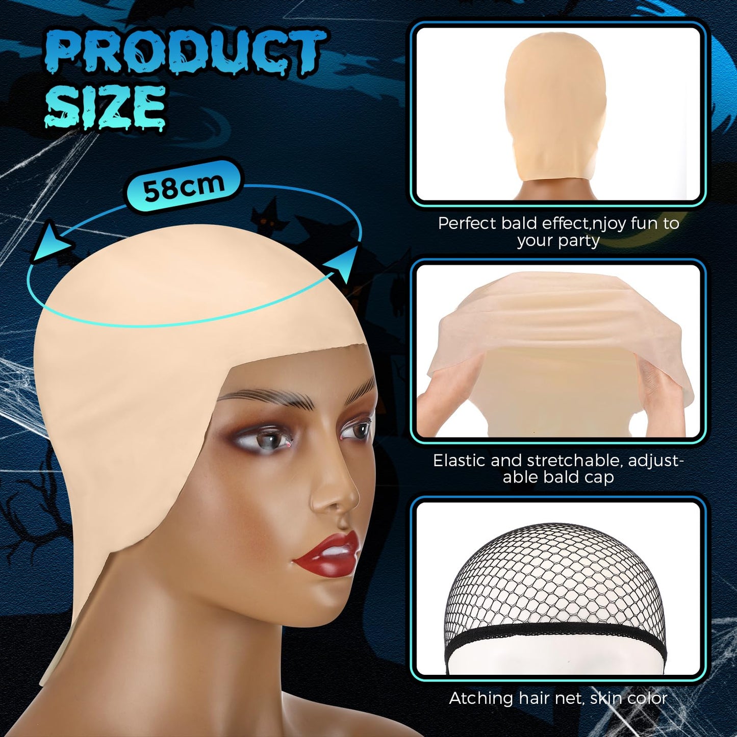 Wavwavw 6 Pcs Bald Caps for Men Women Makeup Latex Bald Head Wig Cap Balds Hat Cosplay Makeup Halloween Costume Accessories(Beige,Medium,Novel)