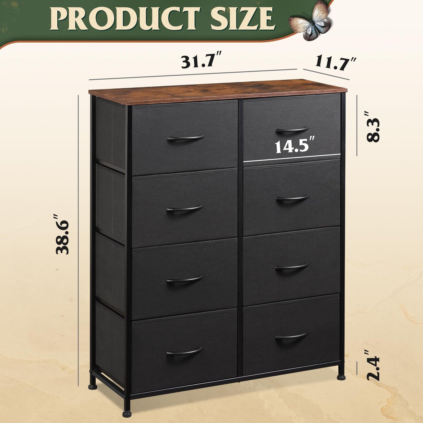 WLIVE Tall Fabric Dresser with 8 Drawers, Storage Tower with Fabric Bins, Double Dressers, Chest of Drawers for Closet, Bedroom, Living Room, Hallway, Dorm, Black and Rustic Brown