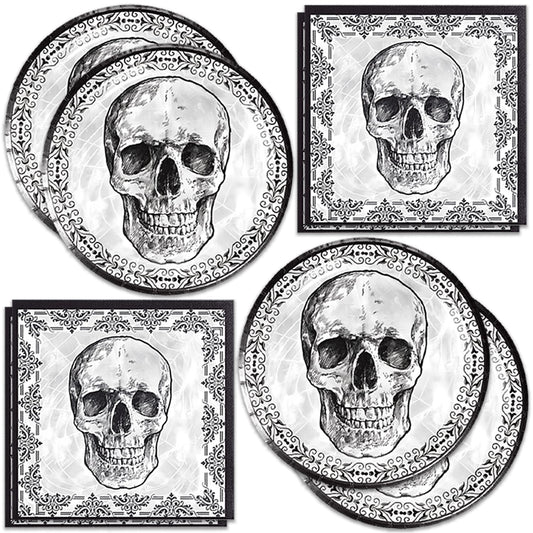 40Pcs Skull Party Supplies 20 Plates + 20 Napkin Halloween Birthday Party Decorations (Halloween Skull)