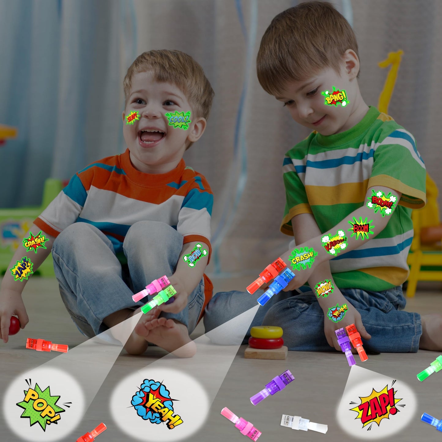 72 PCS Superhero Party Favors – 48 PCS Tattoos & 24 PCS LED Finger Lights Combo – Birthday Goodie Bag Fillers, Party Supplies, Gifts Light Up Toys Glow In The Dark for Boys and Girls