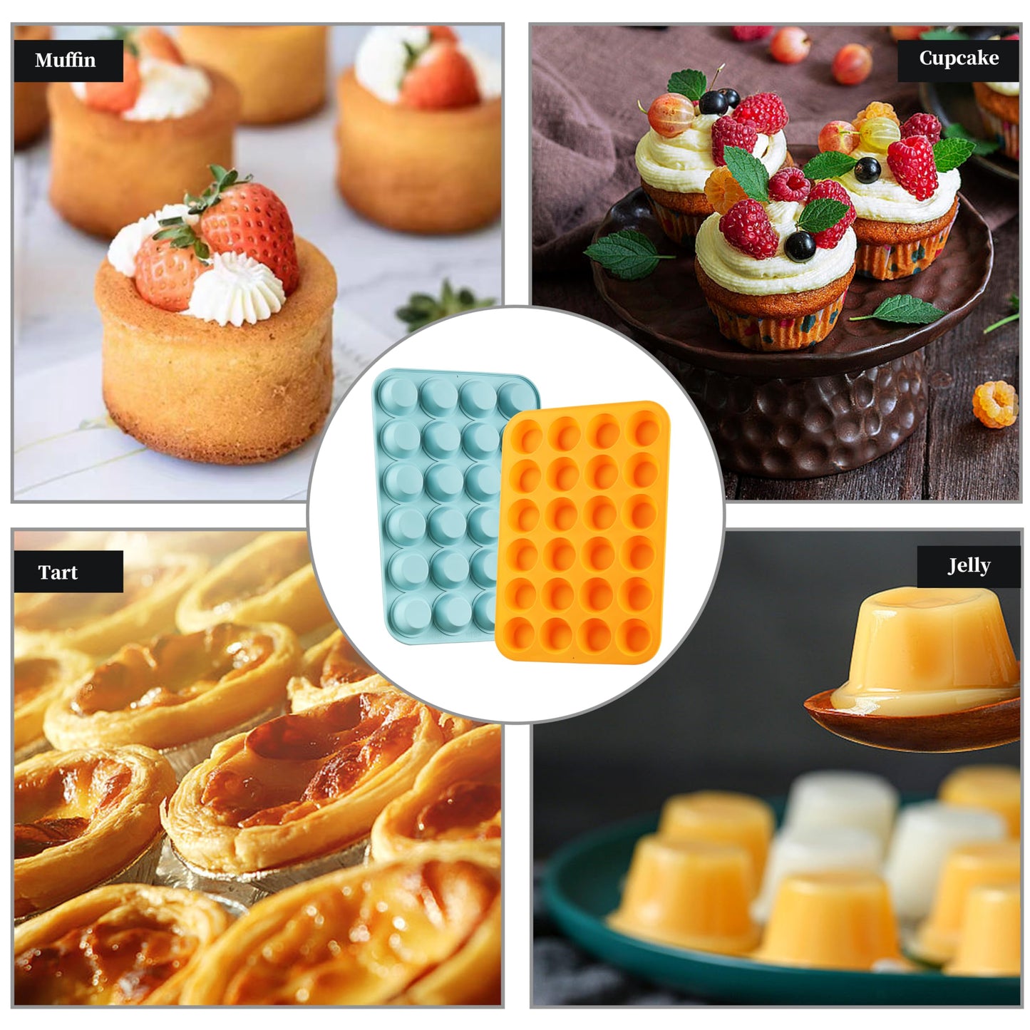 2PCS Silicone Mini Muffin & Cupcake Pan Set, Little Cook 24 Cups Mini Muffin Baking Pan, Non-Stick, BPA Free, Dishwasher Safe, Perfect for Making Muffin, Cakes, Tart (Orange + Peacock Blue)