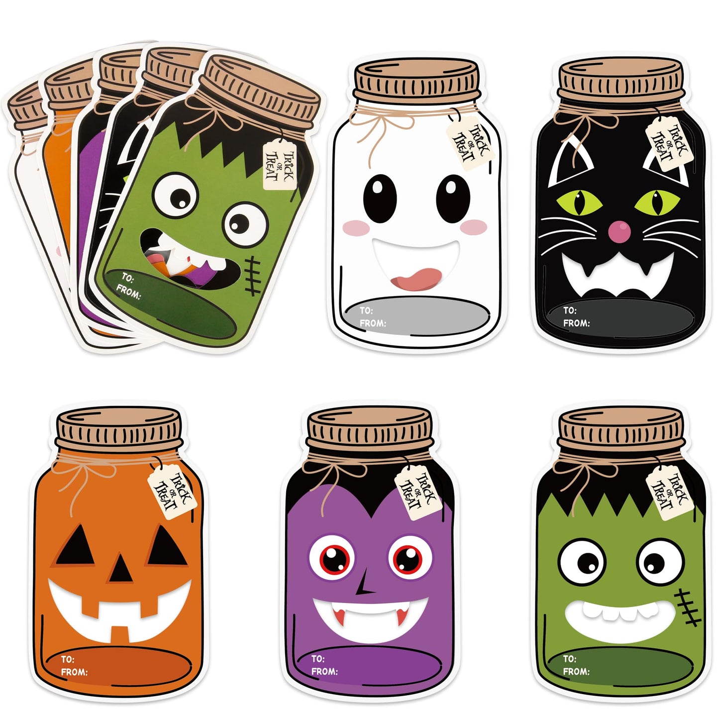 60 Pack Halloween Mason Jar Cards Halloween Candy Holder Cards for Kids Trick or Treat Classroom Prizes Exchange Gifts Card with Treat Bags for School Classroom Prize Gift Party Favors (Candy Not Included)