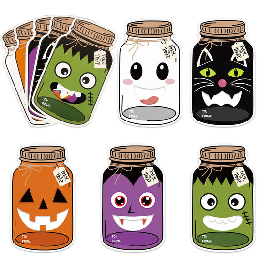 60 Pack Halloween Mason Jar Cards Halloween Candy Holder Cards for Kids Trick or Treat Classroom Prizes Exchange Gifts Card with Treat Bags for School Classroom Prize Gift Party Favors (Candy Not Included)