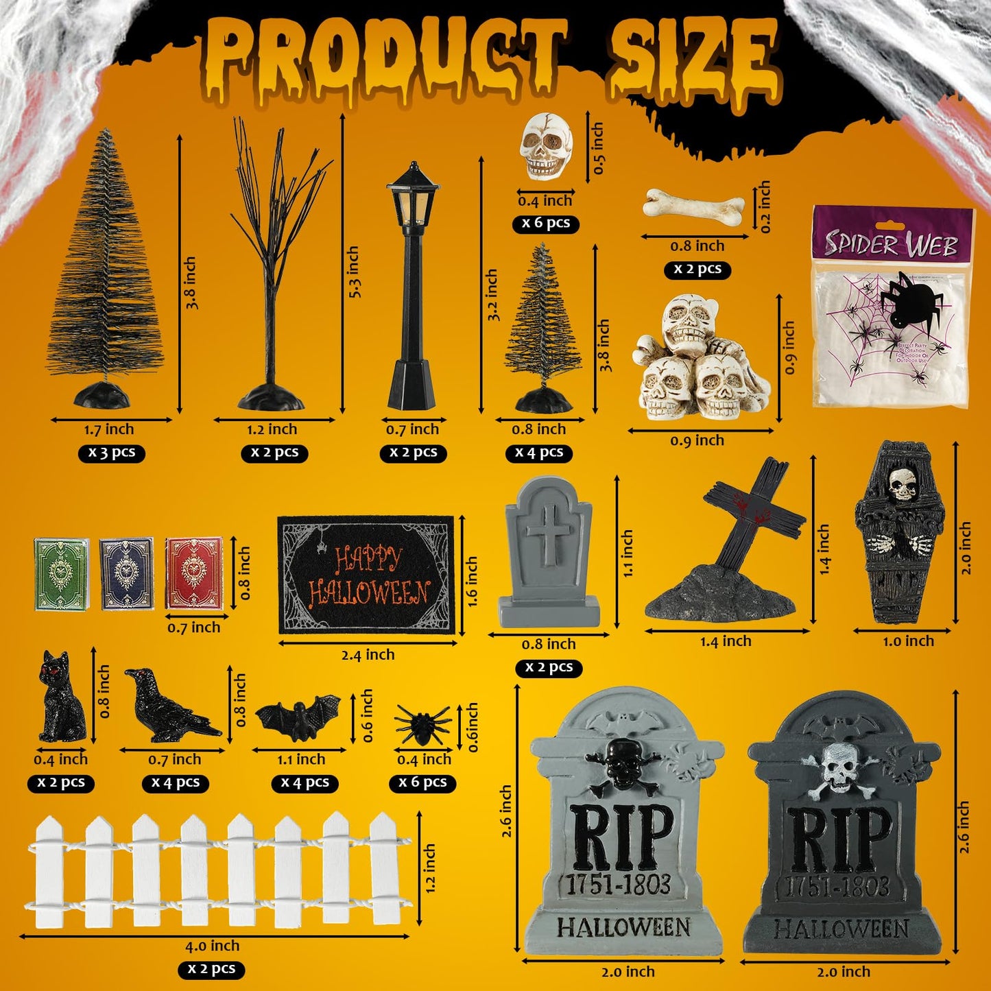 49 Pcs Miniature Halloween Village Accessories Set - Miniature Halloween Figurines, Ornaments, Bare Branches, Tombstones, Skeleton, Fake Spiders - Party Decor