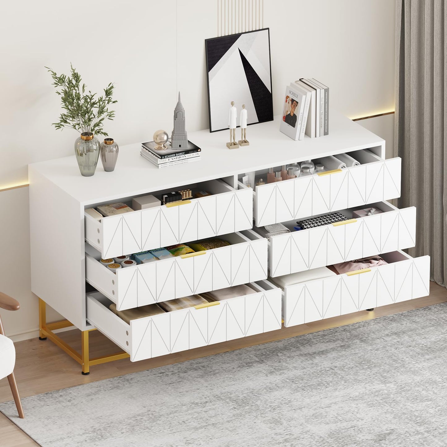 6 Drawer Dresser for Bedroom with Metal Legs, Storage Chest Cabinet Organizer for Living Room,Hallway,Entryway - White