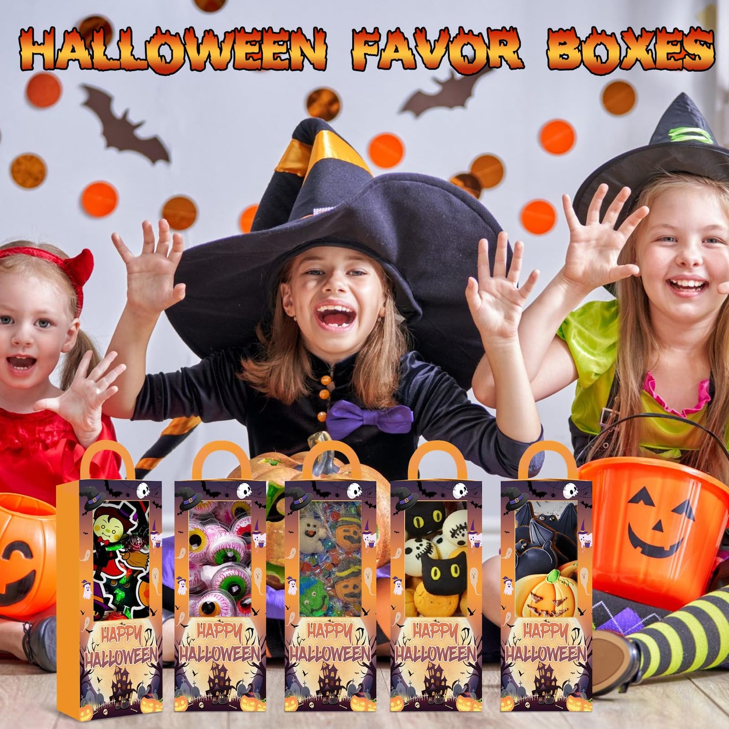 12PCS Halloween Party Favor Boxes Trick or Treat Gift Candy Boxes Happy Halloween Goodie Bag for Birthday Party Decor Supplies (4.8 x 4.8 x 9.5 in)