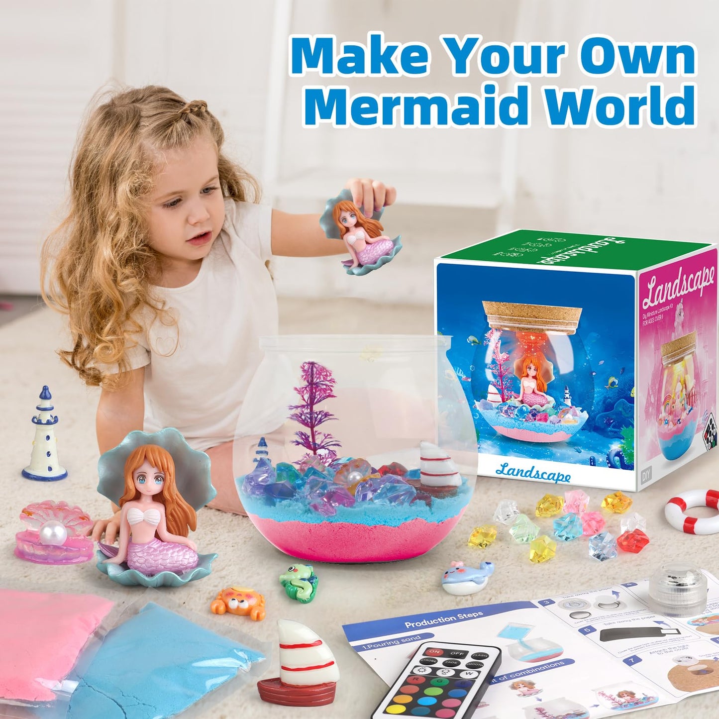 Woumserta Mermaid DIY Terrarium Kit - Mermaid Craft Toys for Girls Age 6-8, DIY Light Up Terrarium Kit Gifts for Kids 6-12