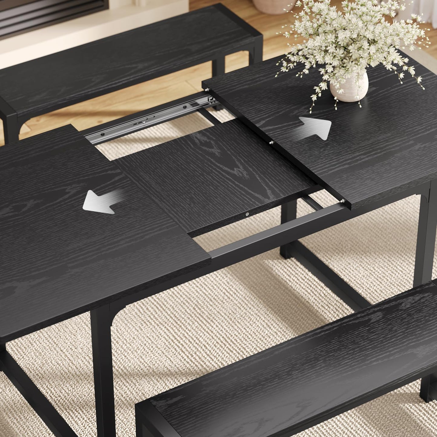 Ahomly Dining Table Set for 4-6 with Bench, 63“ Large Extendable Kitchen Table Set, Dining Room Table with Metal Frame & MDF Board, Perfect for Small Space, Easy Assembly, Black