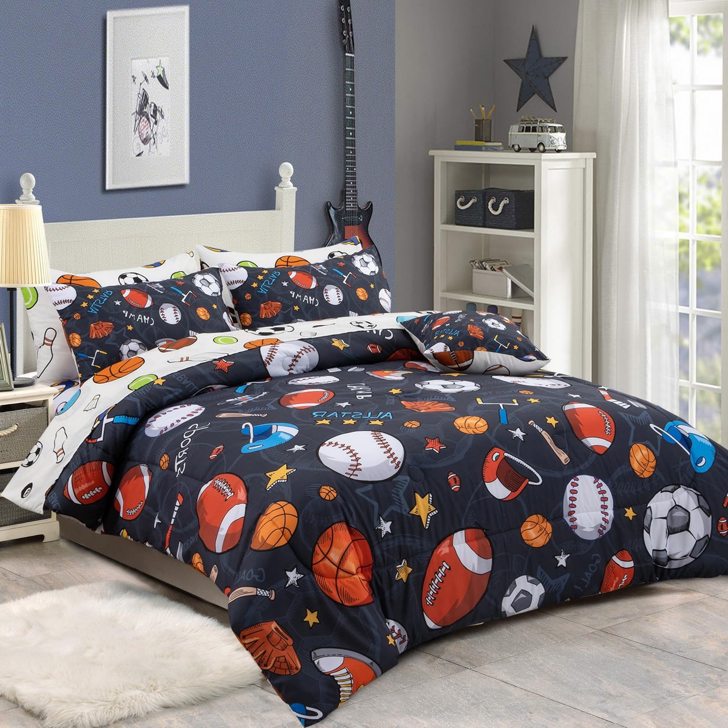 A Nice Night 6Pcs Bed in A Bag Full Sports Microfiber Modern Comforter Set,Gray Rugby Ball Printed Bedding Collections,for Boys Kids Teen