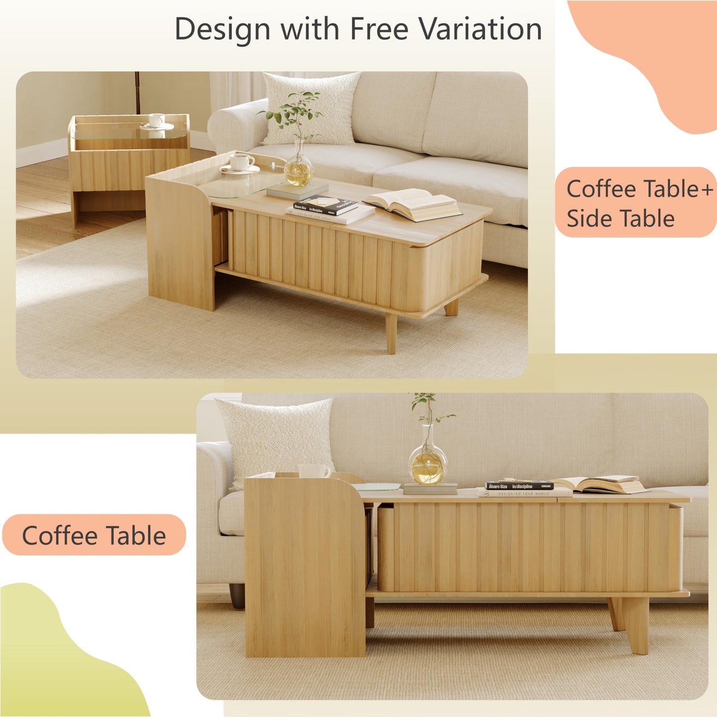 Wildhome Extendable Coffee Table with Side Table,Reversible Living Room Table with Lifting Tabletop,2 Drawers and Storage Rack for Living Room (Log Color, Large)