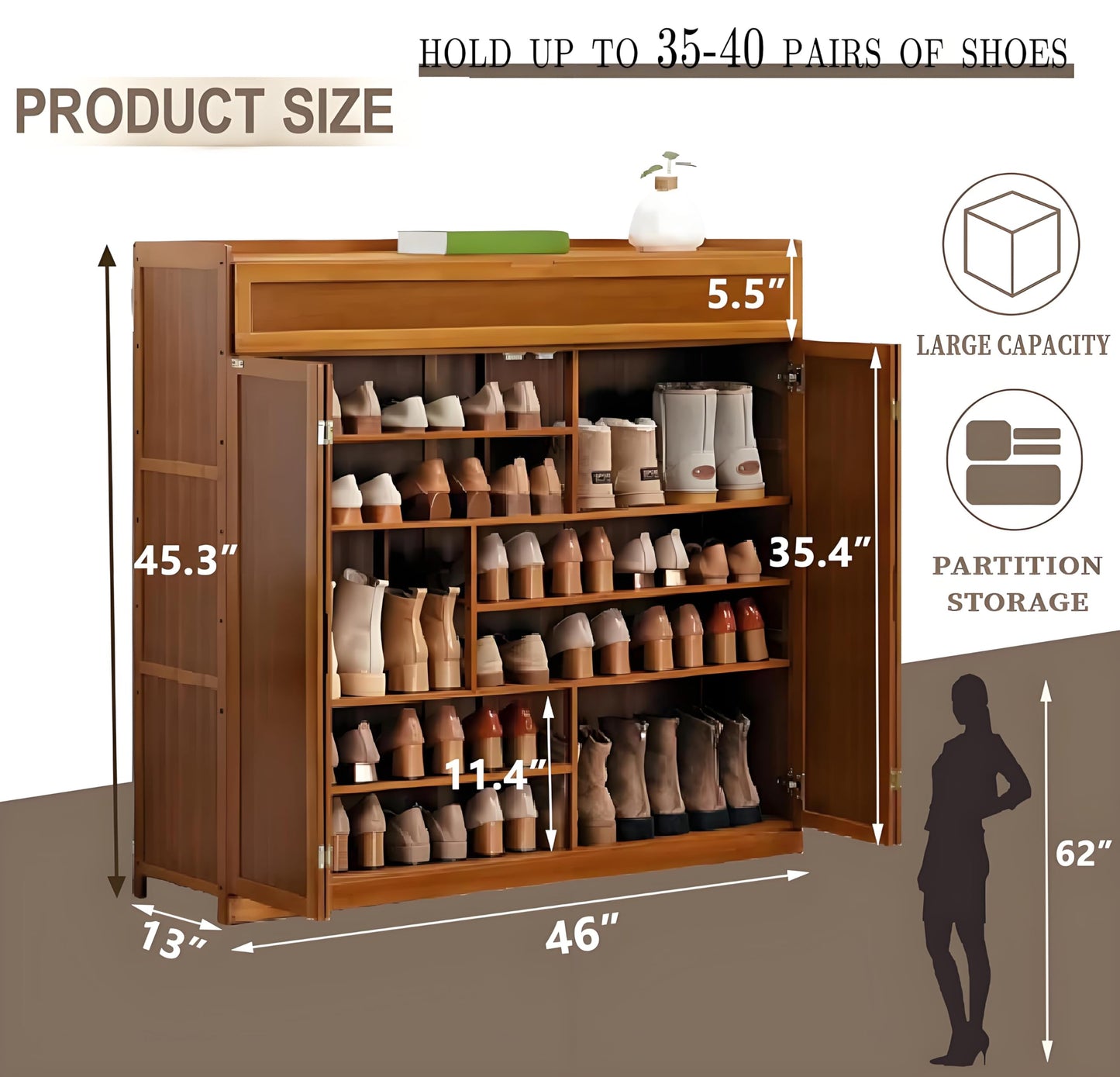 WMIASIN Bamboo Shoe Cabinet, 8-Tier Shoe Cabinet with Doors, 36-40 Pairs Freestanding Shoes of Heels Sneakers,Shoes Organizer Rack for Entryway, Hallway, Living Room